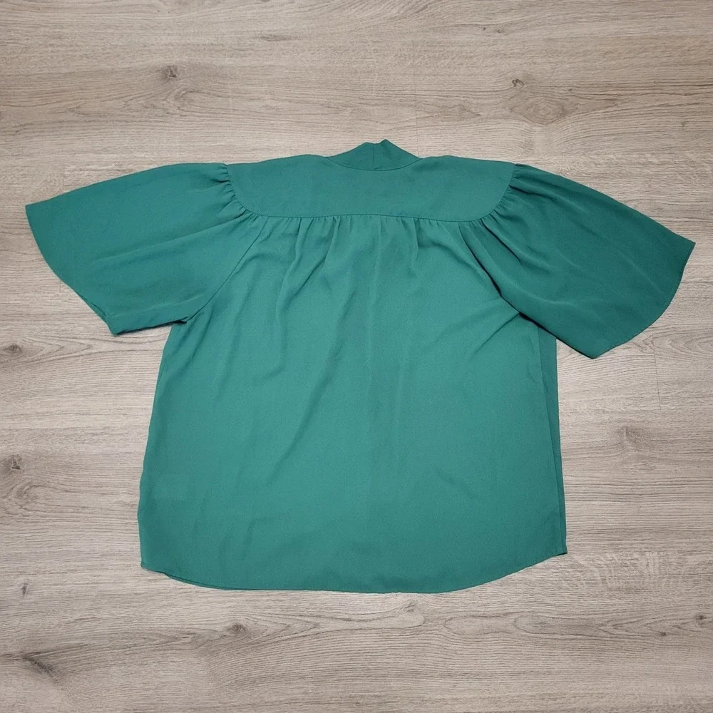 ModCloth Womens Emerald Green Tie Neck Flutter Sleeve Blouse Medium Retro Top - Picture 6 of 6